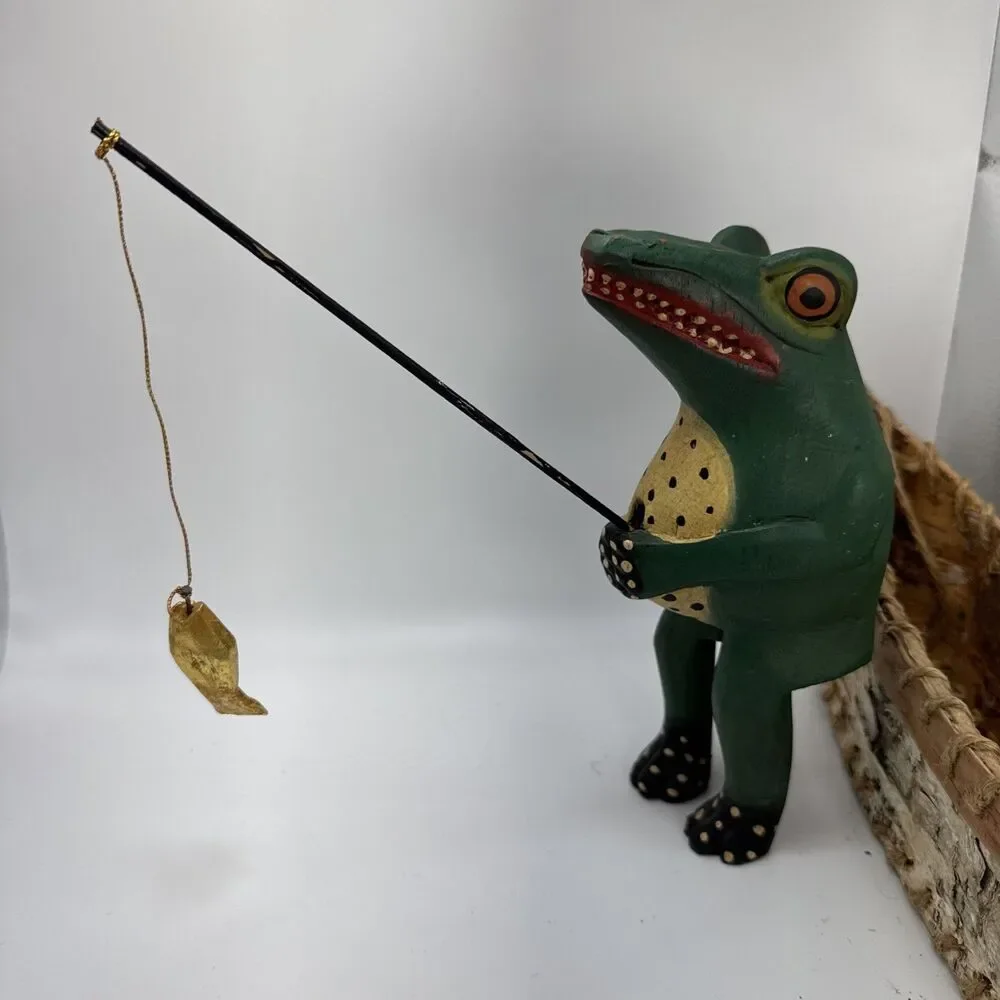 Indonesian Hand Carved Folk Art Alligator VTG Primitive Style Wood W Canoe, Fish